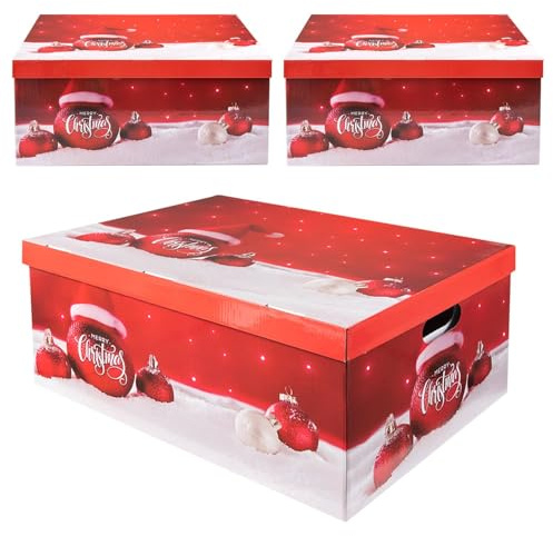 Daniel James Christmas Eve Boxes with Lid - Set of 3 Large Gift Boxes for Presents - Foldable Reusable Luxury Storage Box for Xmas Holiday Gifts - 51cm x 37cm x 24cm, Red, 3pcs