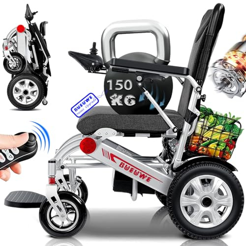 Bueuwe Elektrischer Rollstuhl Faltbar mit Einkaufskorb, Fernbedienung, Tragfähigkeit 150 kg, Reichweite 25-40 km, Leicht Elektrorollstuhl für Senioren Herausnehmbare Lithium Batterie 500W Motor,26a