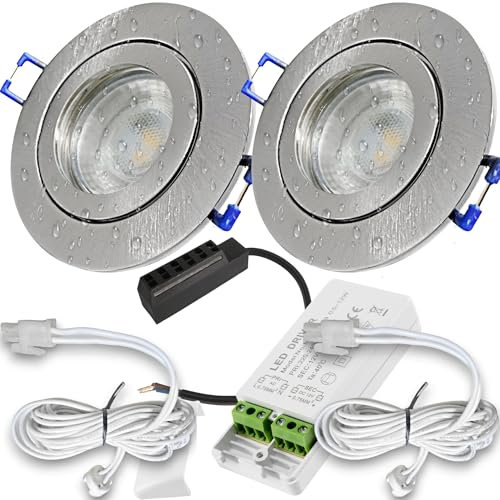 LED Decken Einbauspots 2er Set –, IP44, Feuchträume, Niederspannung 12V, 250 Lumen, Neutralweiß, 3W, inkl. Netzteil & 120cm Zuleitung mit AMP Stecker. Bad, Dusche, Küche, überdachter Aussenbereich