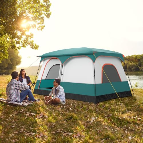 GOPLUS Tente de Camping Grande Familial pour 4-10 Personnes avec Auvent, Grande Tente de Camp Imperméable avec 2 Chambres, Double Toit Amovible, Sac Transport, pour Randonnée (M|380 x 260 x 190 cm)