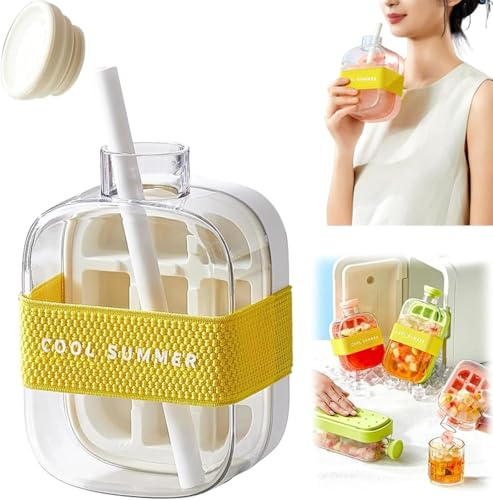 2 in 1 Ice Cube Bottle, Ice Cube Bottle with Straw, Portable Touch Free Ice Cube Trays, Press to Release Ice Tray for Home Ice Making, Outdoor Picnics, Office Use (White-500ml)