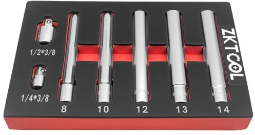 ZKTOOL 7PCS Coffret de Douilles à Choc Profondes 3/8 avec Adaptateurs | Douilles Hexagonales de 8MM à 14MM. Conception Extra Longue de 120MM. Comprend Adaptateurs de Carré 1/2 et 3/8.