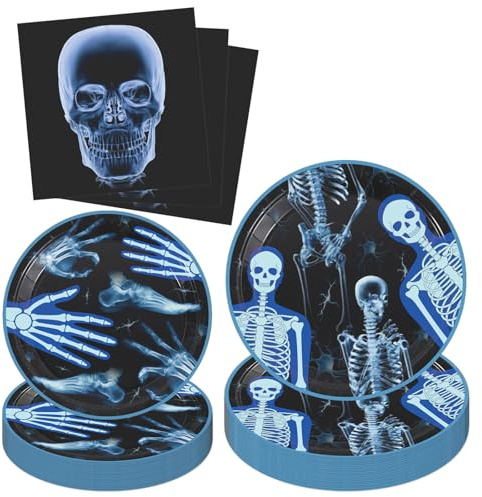 72Pcs Ärzte Partygeschirr, Skelett Geburtstag Deko, Radiologie Röntgen Geschirr Set Chirurgen Abschlussfeier Deko Skelett Paperteller Servietten Gotisch Partyzubehör Halloween Tischdeko für 24 Gäste