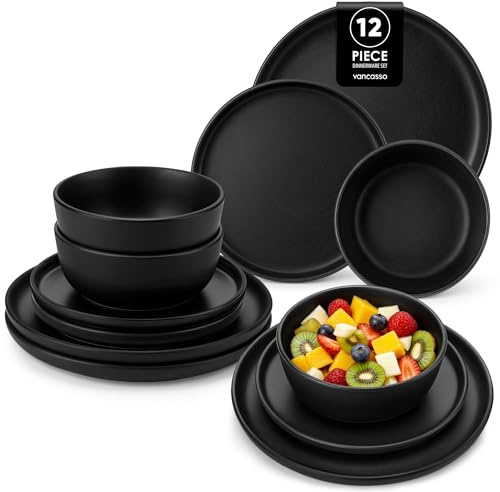 vancasso Black Dinner Set for 4, 12 Piece Elegant Crockery Sets with Matte Glaze, Modern Style Playa Plates and Bowls Set, Dishwasher & Microwave Safe