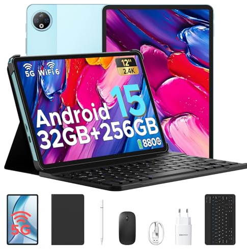V Pad 5G Tablets 12 inch Android, Dimensity 7050 Android 15 Tablets with SIM Card Slot, 2K Display+90Hz, 8800mAh 32GB+256GB Gaming Tablet, WiFi6, Tablet with Keyboard, Pen, Mouse, Case-Blue