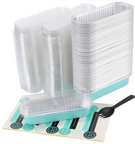 CHIHEUNG Lot de 100 mini moules à pain avec couvercles, 200 ml avec cuillères et autocollants en feuille d'aluminium bleu pour mariage, anniversaire, pique-nique, desserts