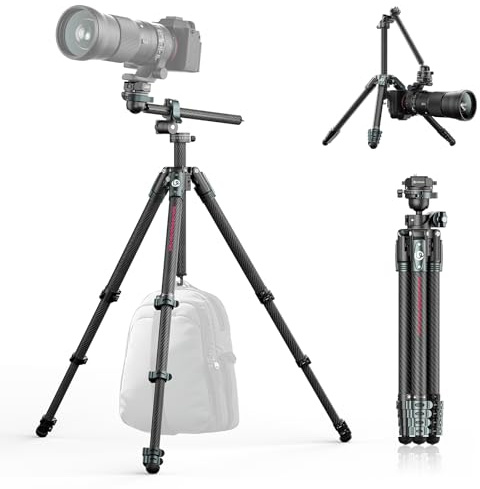 ULANZI JJ05 Kolfiber Kamerastativ, 184cm Lättviktsstativ för kamera med en Teleskopisk och Roterbar Mittpelare, Resestativ med 360° Panoramisk Kulled och Uka snabbkopplingsplatt för DSLR Kamera