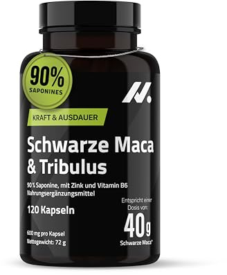 Tribulus Terrestris y Maca Negra 40.000 mg (90% Saponinas y Extracto 100:1), Zinc y B6 – Vitalidad, Confianza Duradera y Energía - Testosterona Hombre -120 Caps. Vegano, Sin Gluten ni Lactosa