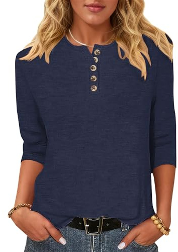 WNEEDU 3/4-ärm toppar för kvinnor UK – Henley-skjortor knappar blus damer rund hals t-shirt enkel vardaglig tunika eleganta t-shirts lätt pullover, marinblå, S