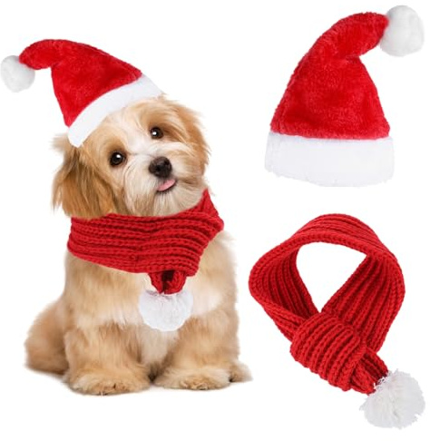 Weihnachtsmütze und Schal, verstellbare Weihnachtsmütze für Hunde, roter Strickschal mit weißem Bommel, Winter-Halswärmer, Hals-Kostüm-Set für Katzen und kleine Hunde (53 cm)