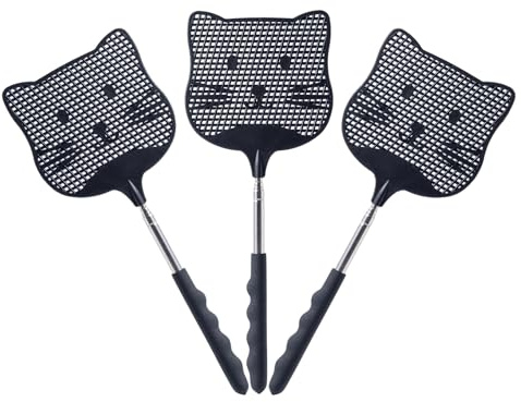 Staruby Lot de 3 Tapettes à Mouches Télescopiques, Manche Long de 63cm Noir | Tapettes Robustes en Plastique pour Intérieur, Terrasse, Jardin et Extérieur