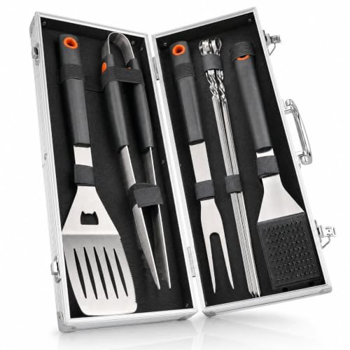 Grillkoffer Grill Set für Männer - Grillbesteck Edelstahl im Metallkoffer | 3-in-1 Wender mit Flaschenöffner & Schneidkante, Grill Zubehör, Geschenk zum Vatertag & Weihnachten