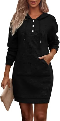 ABYOVRT Abito Felpa Donna con Cappuccio e Tasca Abito Casual in Tessuto a Nido d’Ape per Autunno Inverno,Nero,S