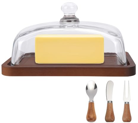 Mulaibdin Mantequera de cristal de madera, campana rectangular con tapa, hermética, mantequera de bambú con cuchillo de mantequilla, cuchara, tenedor, campana de mantequilla, queso, tapa de cristal