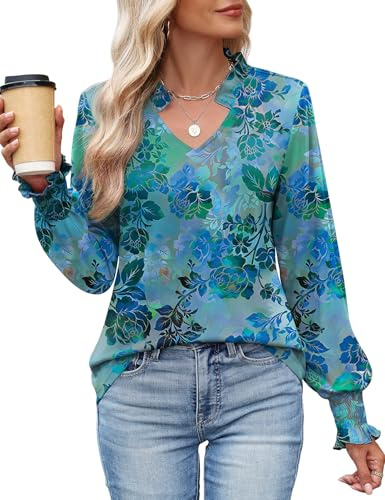 Kistore Womens Long Sleeve Tops Dressy Casual Pleated Cuffs Business Shirts Puff V Neck Blouses S-XXL