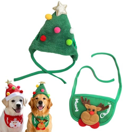 Argumub Entzückende Weihnachtsbaum-Pompon-Mütze, Weihnachtsmannkostüm Für Hunde, Verstellbare Weihnachtsmütze Und Lätzchen-Set Für Haustiere Für Festivals, Partys, Fotos (Grün, L)