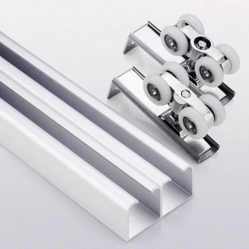 Rail Porte Coulissante Rails pour Portes Coulissantes Doubles, Kit de Quincaillerie pour Portes de 18 à 25 mm, Rails pour Portes de Placard avec Guide au Sol et Roulettes(Silver,30in(76cm))