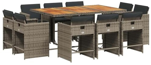 vidaXL Garten Essgruppe 11-TLG., Gartenmöbel Set Tisch mit Holzplatte 10 Stühle, Gartengarnitur mit Kissen, Sitzgruppe Terrasse, Grau Poly Rattan