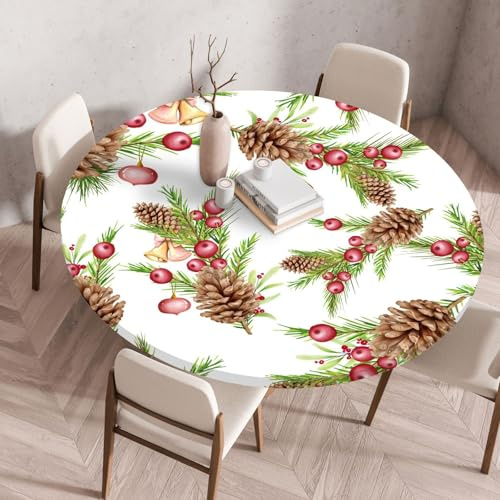 Highdi Elastische Tischdecke Weihnachten Rund Abwaschbar, Spanntischdecke Rund Gartentischdecke Outdoor Round Tischdecke mit Gummizug für Feiertage Versammlung (Beeren-Tannenzapfen,110cm)