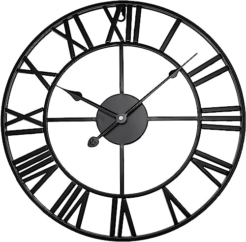 MoEnergy Large Wall Clock Silent Non-Ticking, Battery Powered Metal Large Kitchen Clock with Roman Numerals, Skeleton Black Wall Clocks for Living Room, Bedroom, Garden (Roman-Black, 40CM/ 15 Inches)