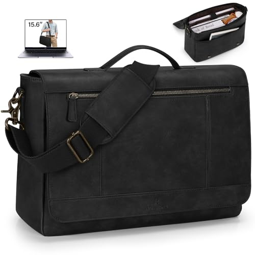 RAINSMORE Aktentasche Herren PU Leder Wasserdichte Umhängetasche Laptoptasche 15,6 Zoll Vintage Groß Arbeitstasche Messenger Bag Schultertasche für Arbeit Büro Uni Schule