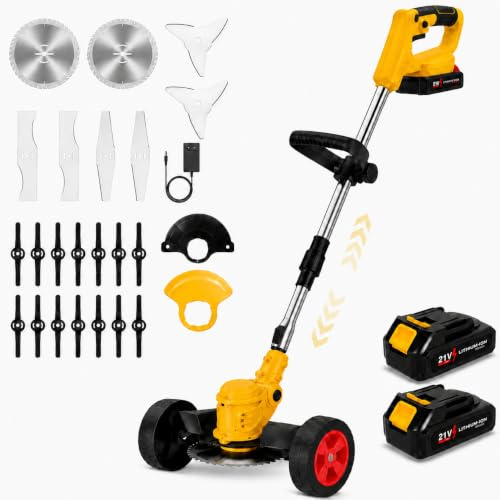 Decespugliatore a Batteria 1800W Decespugliatore Elettrico Pieghevole,3000 mAh Batterie,5 Lame, Diametro di Taglio 15 cm,Manico Estensibile e Testa Regolabile, per Prato e Erbacce