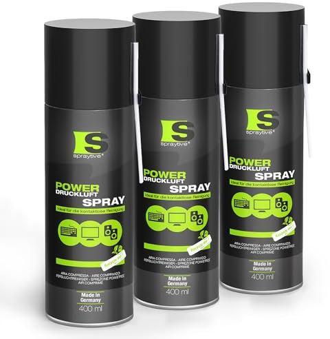 3 x 400 ml Spraytive Power Druckluftspray/Druckluftreiniger: Mit 10cm Sprühverlängerung - Druckluft aus der Dose Air Duster - Reinigung von Tastatur, PC/Computer, PS5, Xbox, Kamera - Made in Germany!