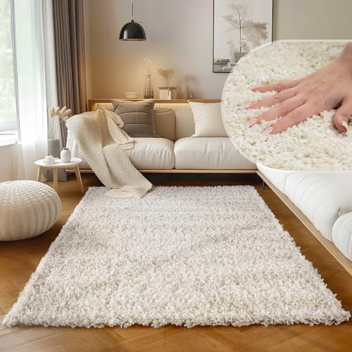 SIMPEX Tapis Shaggy crème à Poils Longs 300x400 cm XXL Moderne uni pour très Grands espaces Confort Premium