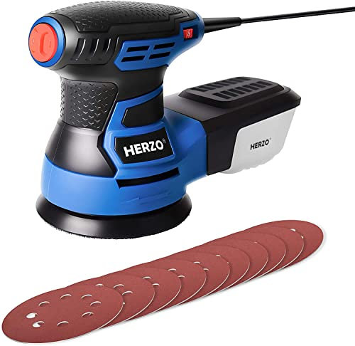 Levigatrice Orbitale, HERZO Levigatrice Legno 125mm 300W 13,000RPM Multifunzionale Regolabile di 6 Velocità con Scatola di Polvere e 10 Pezzi di Carta Abrasiva (80/180 Graniglie)