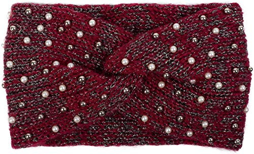 styleBREAKER Bandeau en maille pour femme avec des perles, du fil métallique et un nœud, serre-tête 04026029, couleur:Bordeaux-rouge-noir