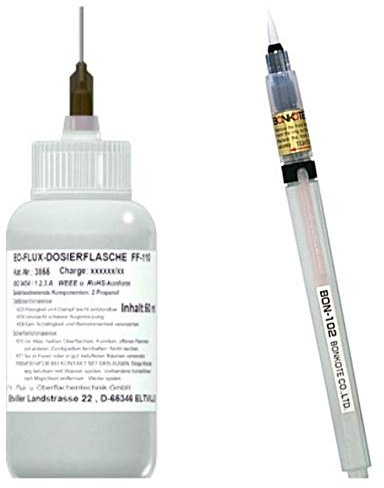 EO-Flux-Dosierflasche FF-110 mit 50 ml Inhalt + EO-Flux-Pen, 7 ml unbefüllt, No-Clean Elektronik-Flussmittel 5,8% Feststoff, Handlöten, SMD-löten u. Litzenverzinnen, Dosiernadel aus Teflon-