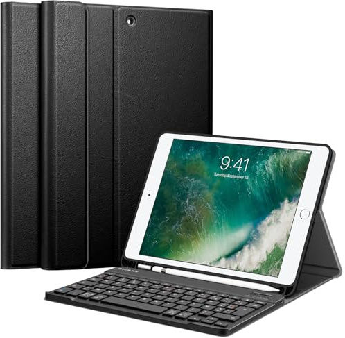 FINTIE Clavier pour iPad 6e/5e Génération & iPad Air 2/1-9.7 Pouces | Étui avec Clavier AZERTY Bluetooth sans Fil, Housse Arrière Souple en TPU avec Emplacement Stylet, Noir