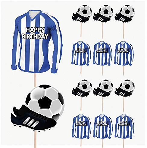 AK Giftshop Football Birthday Cupcakes Cake & Food Decorations Party Picks Toppers - Blue and White Stripes Team Colours (Pack of 14)