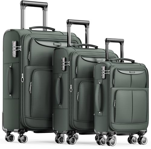 SHOWKOO Kofferset 3 Teilig Stoffkoffer Weichschale Erweiterbar Reisekoffer Leicht Haltbar Trolley Handgepäck Sets mit TSA Schloss und 4 Rollen (M L XL -Armeegrün)
