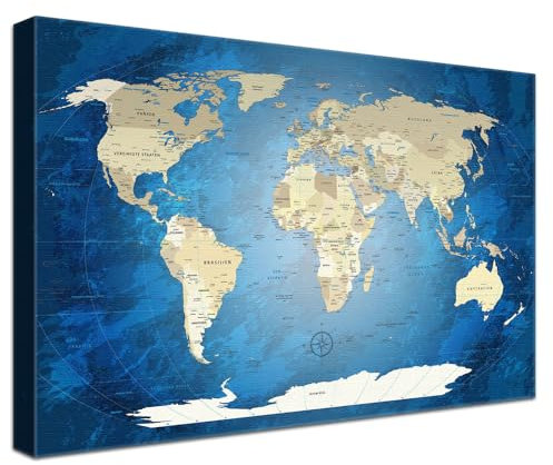 Lana KK® - Luxus Weltkarte Pinnwand, Blau Deutsch, Leinwand zum Pinnen der Reiseziele als Wandbild - Reisewelt Karte blau 80x60 cm