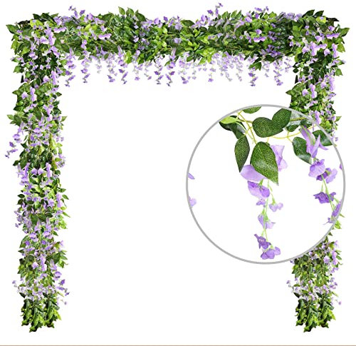 4 Stück Künstliche Glyzinie Girlanden Kunstblumen Seidenblumen Gefälschte Glyzinie Hängende Rebe Blumenranke künstliche Blumenrebe für Hochzeit Garten Hause Party Hochzeit Auto Dekoration Violett