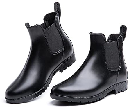 Hitmars Gummistiefel Damen Chelsea Boots Gartenschuhe Rain Boots Regenstiefel Segelstiefel Wasserdicht Regenschuhe Halbgummistiefel Schwarz EU38