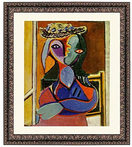 Lasite Pablo Picasso Leinwandbilder Kunstdruck Bilder Reproduktion Leinwanddruck Bilder Leinwand gerahmt fertig zum Aufhängen(Frau mit Hut,（60x72cm） 24x28inch-Vintage schwarze geprägte Matte)-4