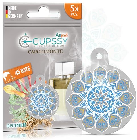 Ambientador Casa,Cupssy Airpad 5 unidades, neutraliza malos olores, Perfume Mujer y Hombre, aroma Capodimonte, suave,elegante y agradable, Para habitaciones, Garaje, Baño, Armario, Cajones,