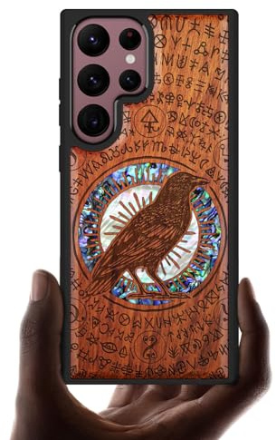 Carveit Designer Wooden Case for Samsung Galaxy S22 Ultra Case Cover [Wood Engraving & Shell Inlay] Wood Phone Case Compatible with Wireless Chargers Galaxy S22 Ultra Case (Witchcraft Raven-Rosy)…