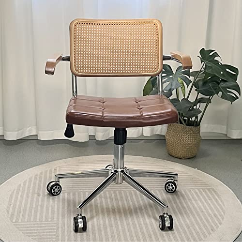 Moderner Rattan-Schreibtischstuhl aus der Mitte des Jahrhunderts mit Rädern, Vintage-Drehsessel for das Schlafzimmer im Home-Office, rollender Ledersessel mit mittlerer Rückenlehne ( Farbe : braun )