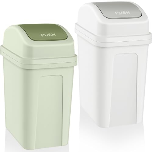 Sumind 2 Pcs 1.8 Gallon Bathroom Trash Can with Swing Lid Small Garbage Can Plastic Bathroom Trashcan Garbage Bin for Kitchen Waste Bedroom Room Outdoor (Green and Beige)