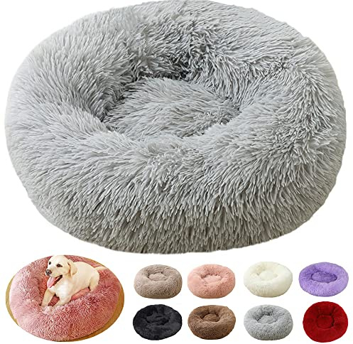 rngcpto Rundes Hundebett für Katzen und Hunde – beruhigendes Donut-Bett, warm und flauschig, wasserdichtes Kissen (60 cm, hellgrau)