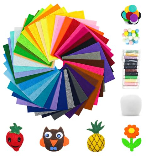 40pcs 15x15cm Multicolor Felt Fabric Sheets,Soft Coloured Felt Fabric Sheet DIY Craft Sewing Patchwork with Colorful Ball,Fillings and Round Felt Sheet for Art,Scrapbooking (Multicolour 15x15cm)