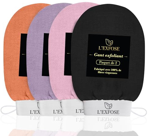 L’Exfose 4x Gant Exfoliant Corps - Gant de Crin Kessa Gommage Corps et Visage en Viscose Naturelle - Élimine les Cellules Mortes de la peau et Hydrate - Sensation de Spa Agréable Sans Savon Noir