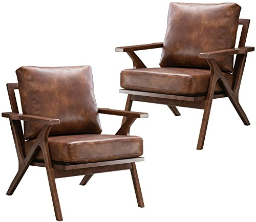 Bonzy Home Mid Century Modern Chairs,Accent Chairs Set of 2, Comfy Upholstered PU Leather Armchair with Solid Wood Frame, Retro Leisure Chair Reading Nook Chair for Living Room Bedroom Office