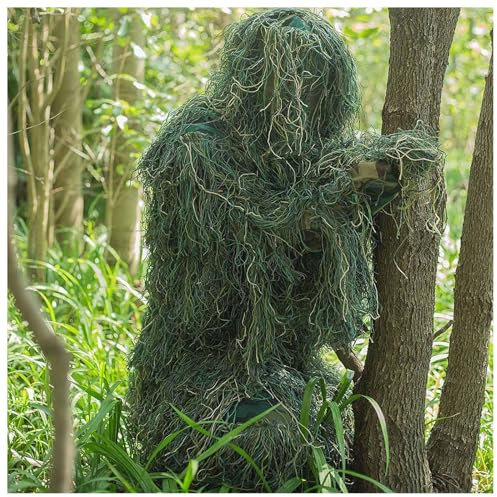 5-Teilige 3D Tarnanzug Camouflage Jagdbekleidung Jagdbekleidung Herren Einschließlich Jacke,Hose,Kapuze,Tragetasche Airsoft Kleidung Set für Unisex Erwachsene/Jugendliche,ForestGreen-Adults