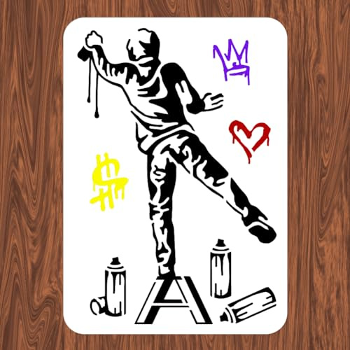 INFUNLY 29.7x21 cm/11.6 x 8.2 Zoll Banksy-Schablone „Eine Person, Die Wandfarbe Sprüht“, Wiederverwendbare Banksy-Straßen-Draffiti-Schablone, Banksy-Stil-Muster, Kunstschablone Zum Malen Auf Wandflies