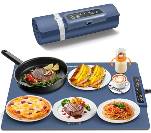 INNOWARMER Food Warming Mat,Rollable & Portable Electric Warming Tray,Electric Food Warmer with 3 Temperature,Timer Function and Safety Lock,Silicone Food Warmer for Parties,Gatherings,Buffet (Blue)