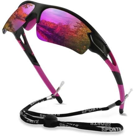yoofun Sonnenbrille Herren Polarisiert, Sonnenbrille Herren Sport zum Baseball Laufen Radfahren Angeln Golfen UV400-Schutz Sonnenbrille mit Schnur, Rosa